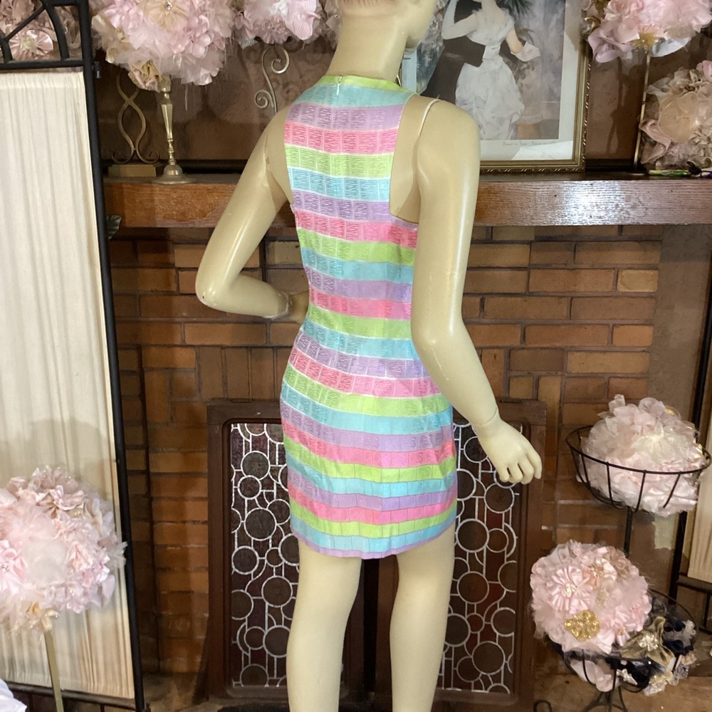 VINTAGE 1990'S CACHE MULTI-COLOR PASTEL W/RHINESTONE CUT OUTS SHEATH DRESS (2) - Picture 4 of 12